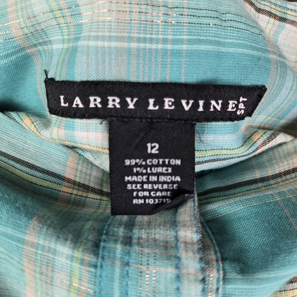 Larry Levine Metallic Gold Turquoise Button Up Flare Plaid Skirt Pockets Size 12 - Picture 2 of 12